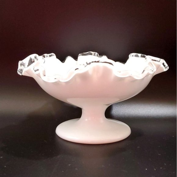 VTG Fenton Silver Crest Milk Glass Pedestal Compote Ruffled Clear Crimped Candy - Picture 1 of 6